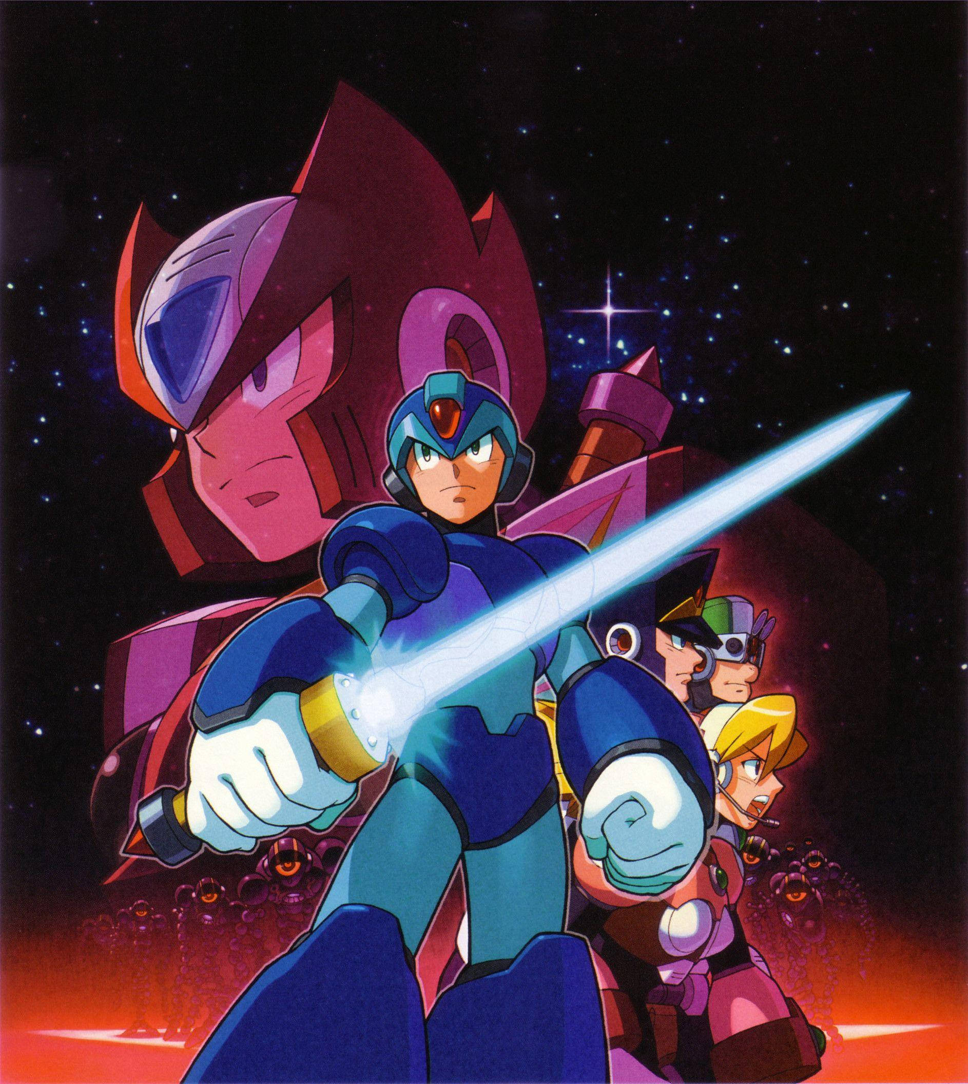 洛克人極限2 遊戲海報 壁紙 — Mega Man X 手持發光劍，在宇宙背景下與盟友和威脅性的陰影人物一起準備就緒。