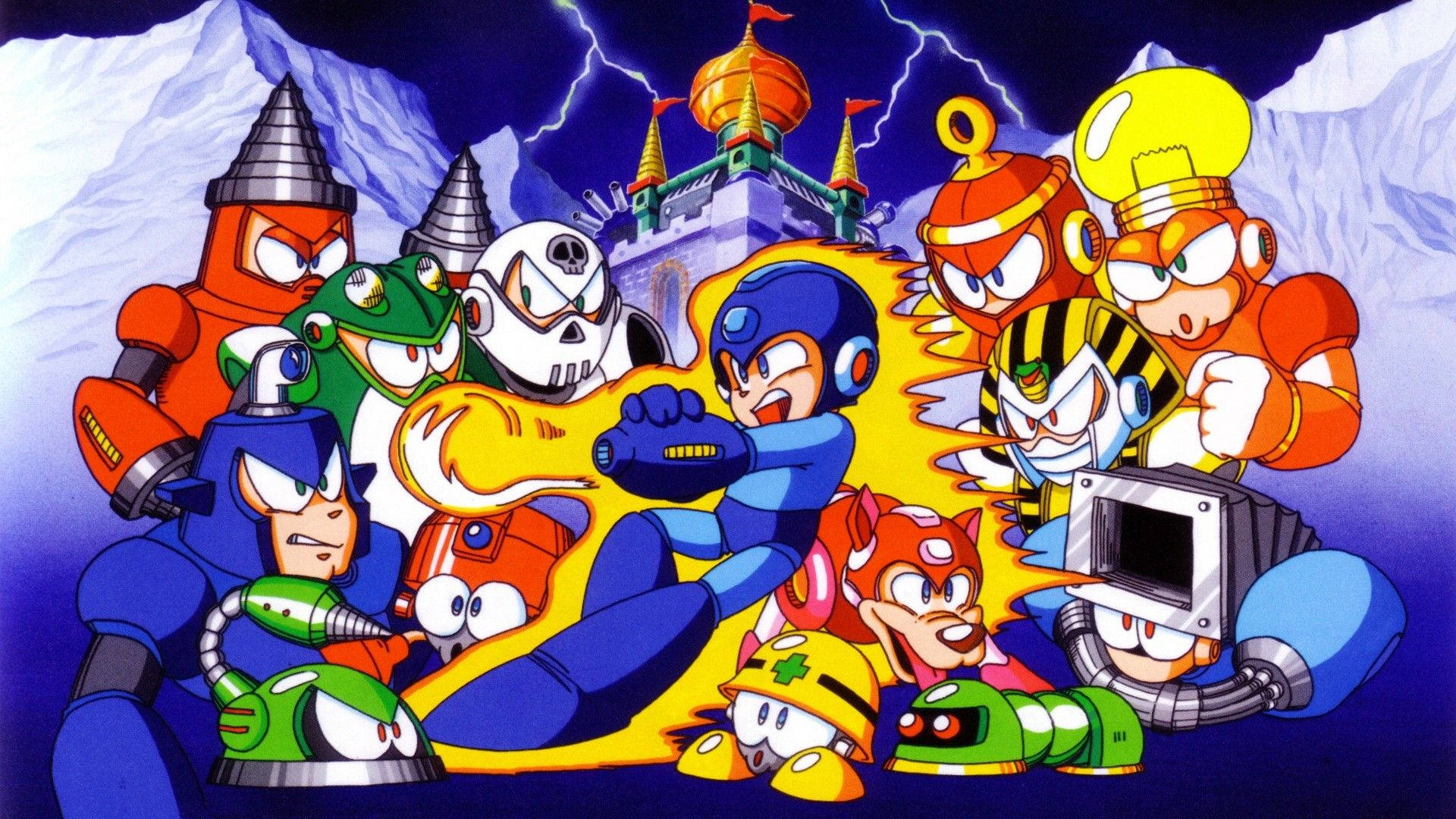 洛克人經典角色 壁紙 — Mega Man 和他的機械人盟友在閃電交加的暴風雨天空下，英勇地站在城堡前。