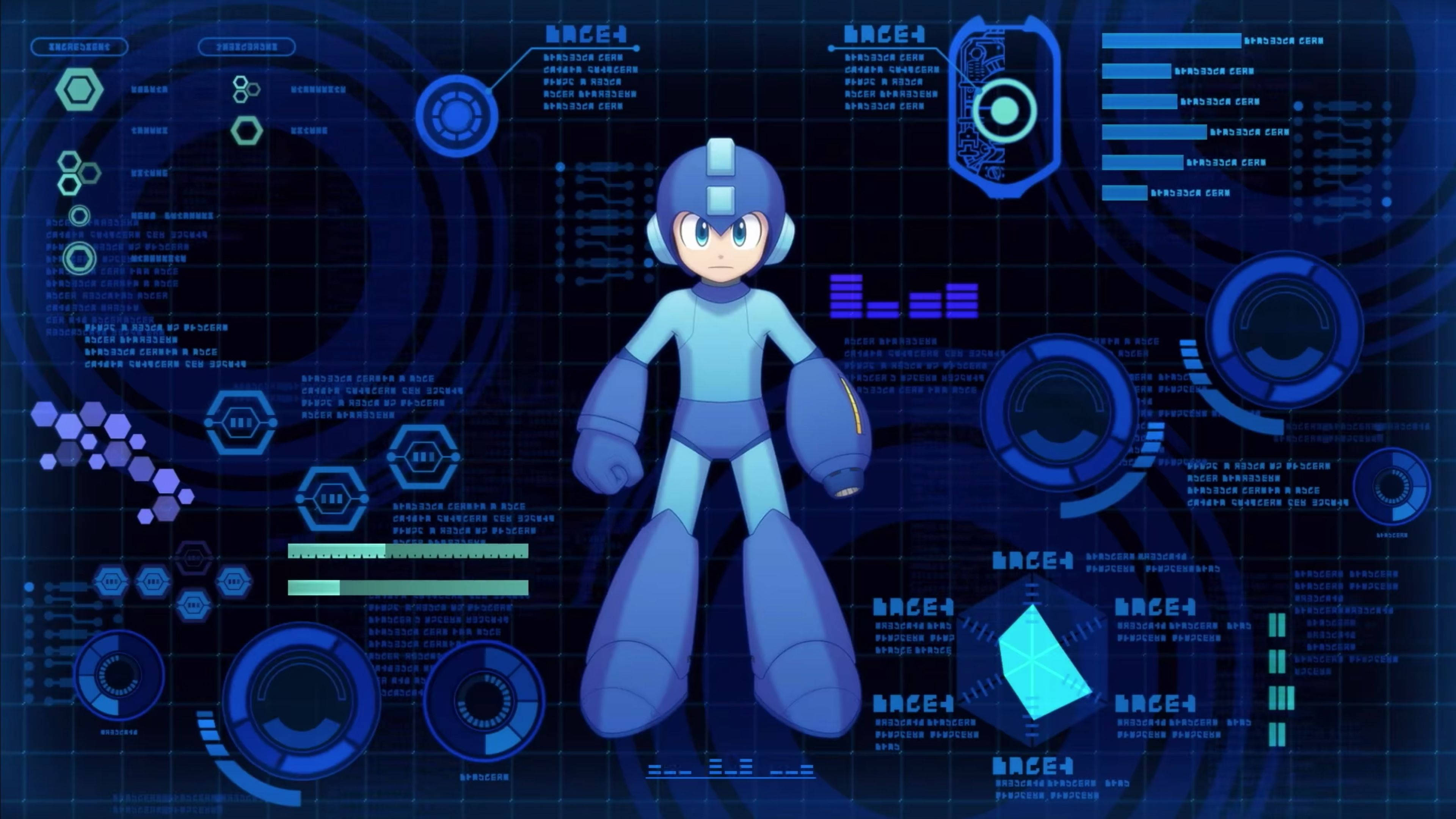 洛克人電腦數據背景 壁紙 — 經典藍色 Mega Man 居中站立，背景是充滿數據讀數和六邊形圖案的發光未來藍色 HUD 界面。