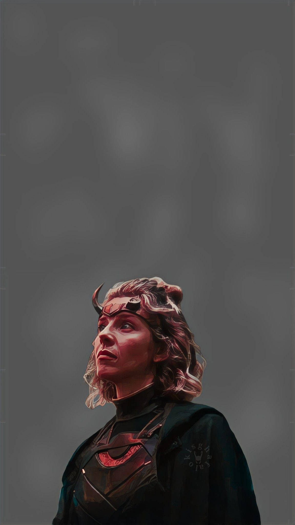 《洛基》中的西爾維亞特寫鏡頭 壁紙 — 一個數碼肖像，描繪一位頭上有角、額頭有紅色標記的女性，在柔和的灰色背景上向上凝視。