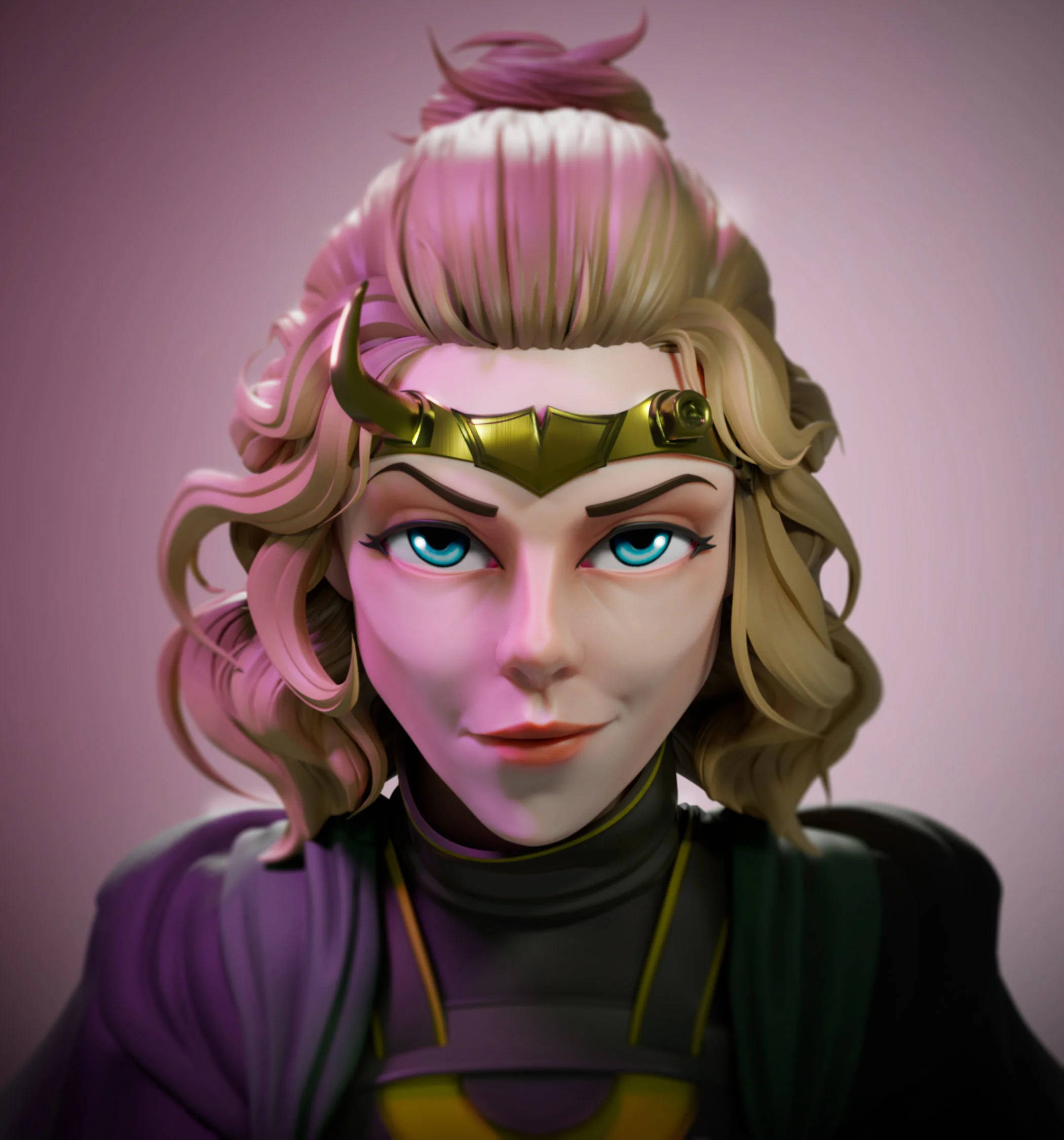 《洛基》西爾維3D數位插畫 壁紙 — 一個風格化的數碼肖像，描繪一位擁有粉紅色和金色頭髮、藍色眼睛、戴著金色角狀頭帶的女性角色，背景為柔和的粉紅色。