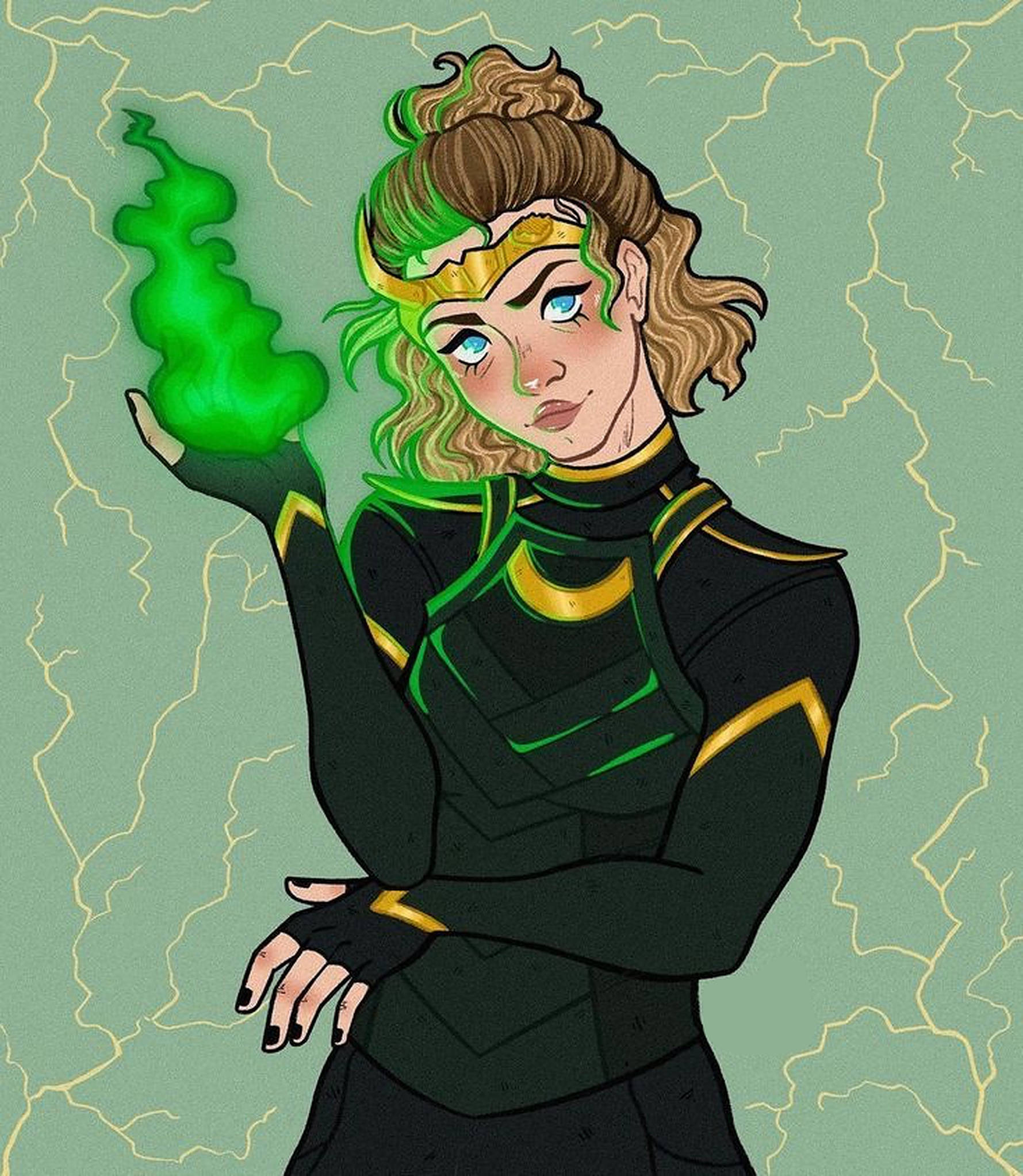 《洛基》西維婭同人畫 壁紙 — 一位自信的女戰士，綠髮，手中閃爍著綠色能量，站在帶有閃電的暴風雨綠色背景前。