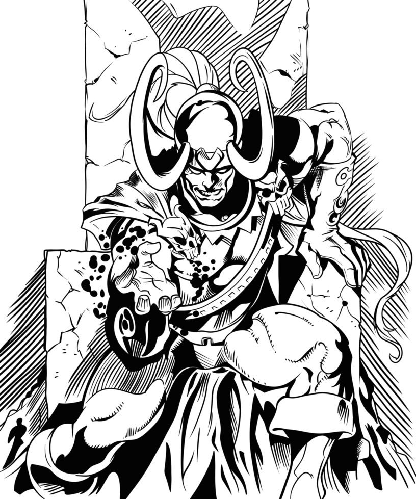 洛基漫畫藝術王座場景 壁紙 — 一個黑暗剪影，一個帶有角和飄逸長袍的威脅性動漫惡魔，背景是星空虛空。