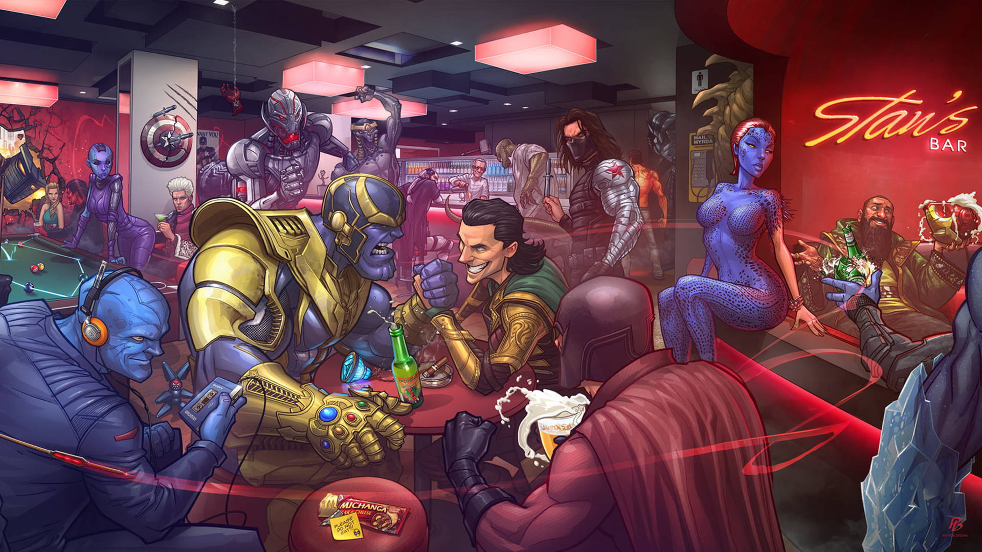 Marvel 角色在 Stan's Bar 放鬆並玩遊戲，充滿活力的漫畫場景。