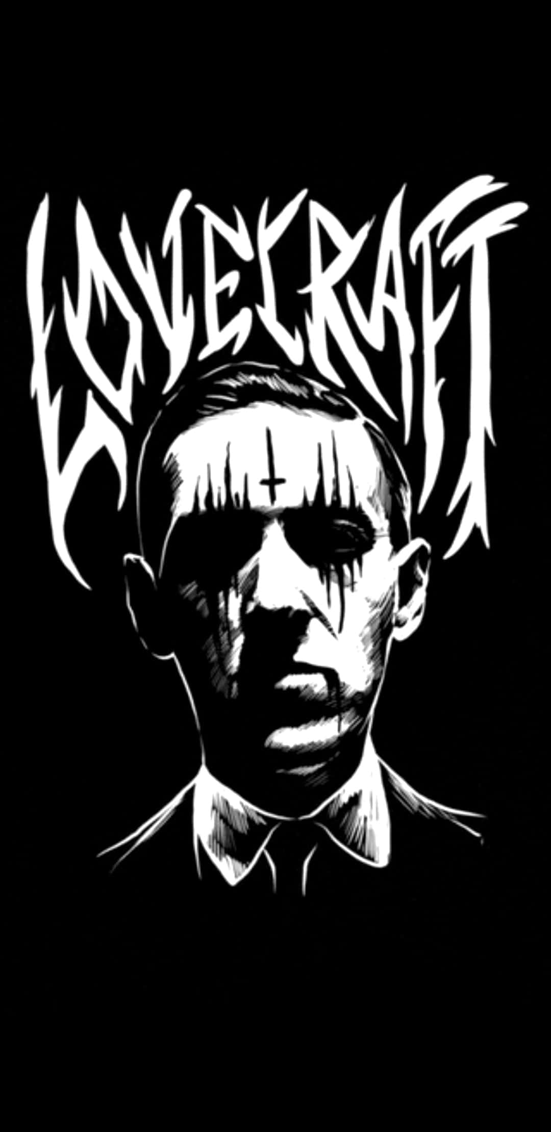 洛夫克拉夫特的《克蘇魯的呼喚》 壁紙 — H.P. Lovecraft 的鮮明黑白插圖，帶有滴落的血液和頭頂上的哥德式文字。