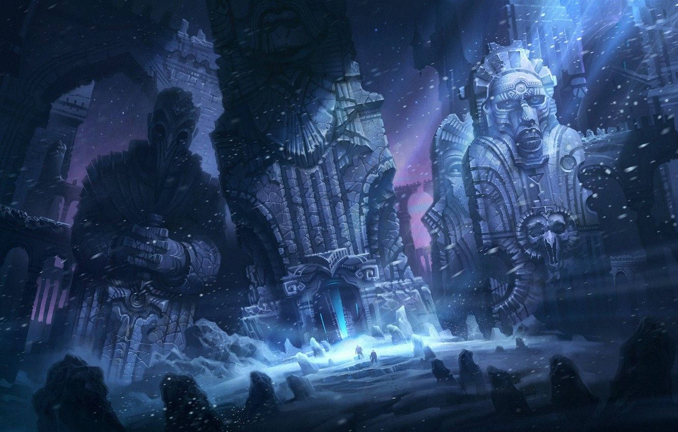 發光的藍色門口，兩旁有巨大石像，在雪地廢墟中，星空下。