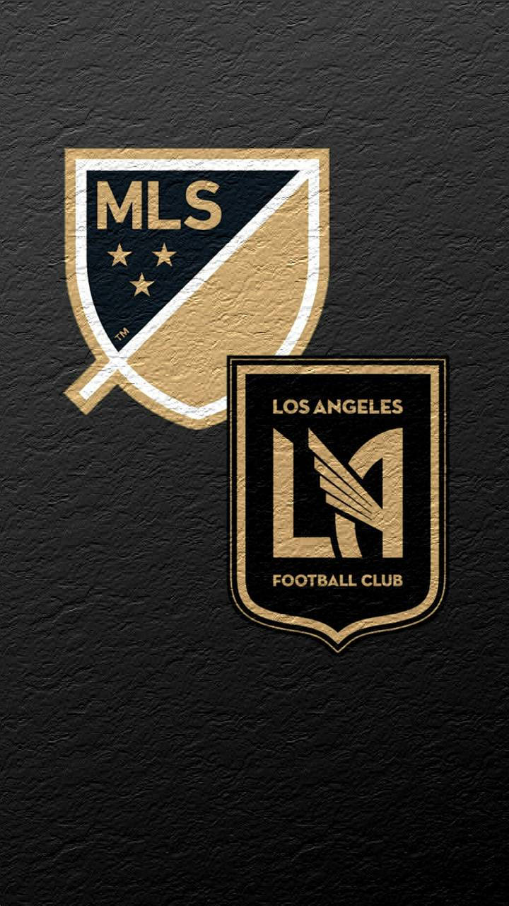 MLS 和 Los Angeles FC 足球隊標誌在黑色紋理背景上。