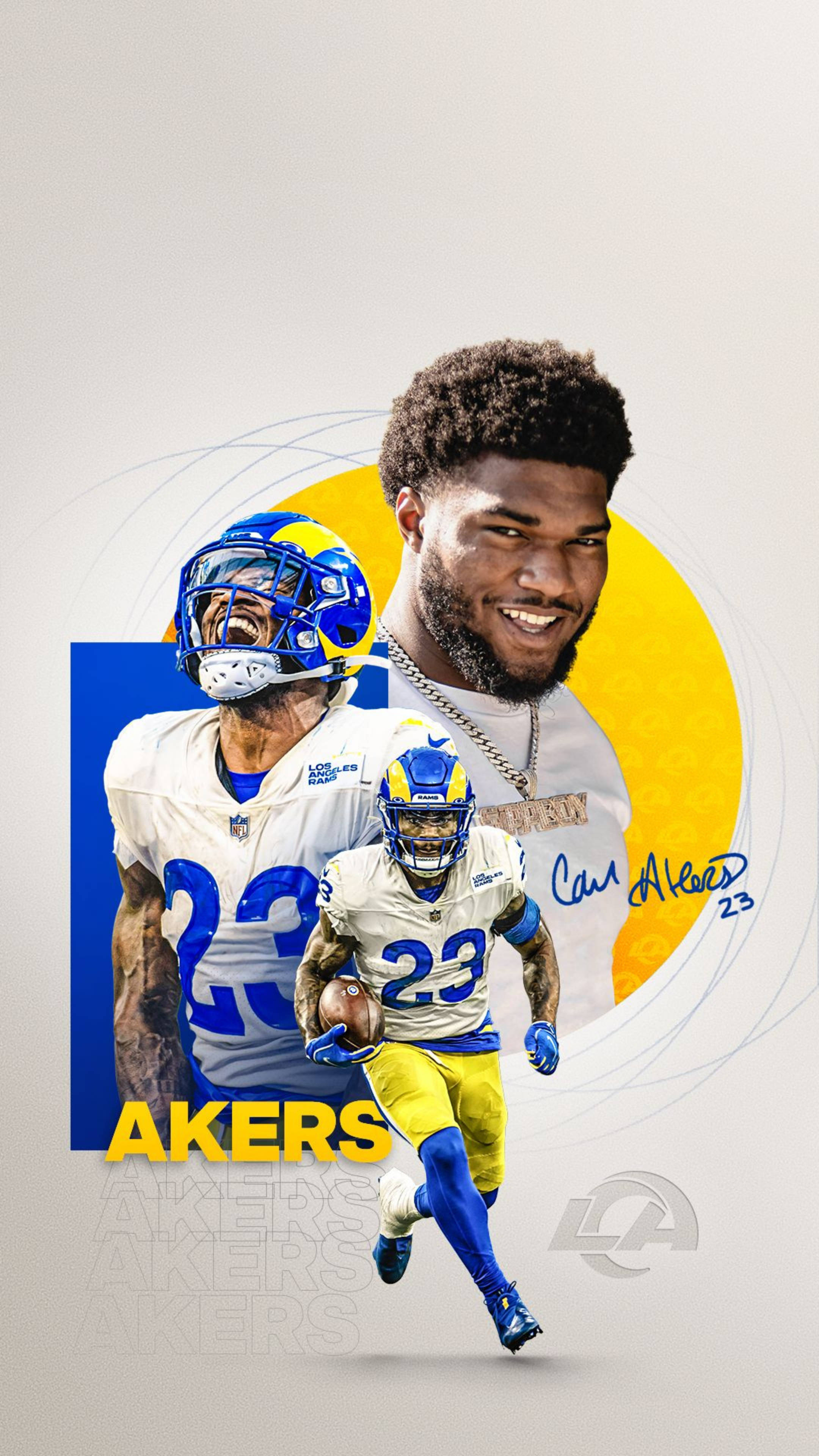洛杉磯公羊隊Carl Aleks 壁紙 — NFL 球員 Cam Akers 的動態數位藝術作品，展示其動作姿勢、簽名和球隊顏色。