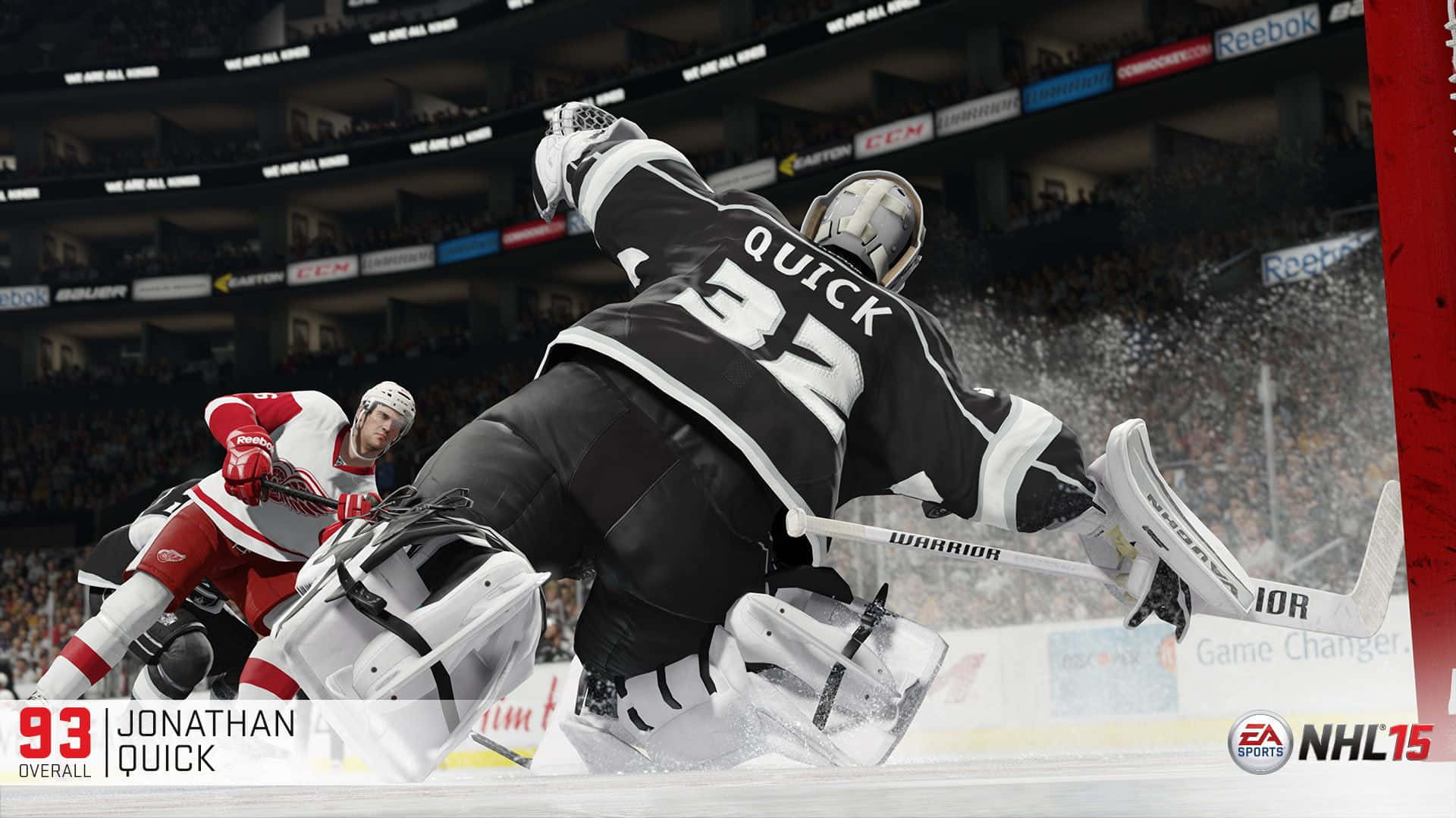 冰球守門員Jonathan Quick在NHL比賽中做出戲劇性的撲救。