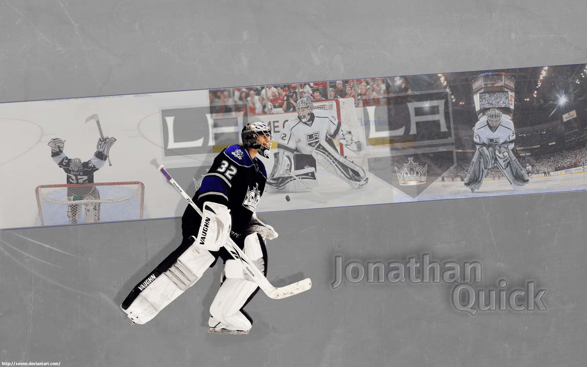 冰球守門員 Jonathan Quick 在冰上行動，身後有球隊旗幟和人群。