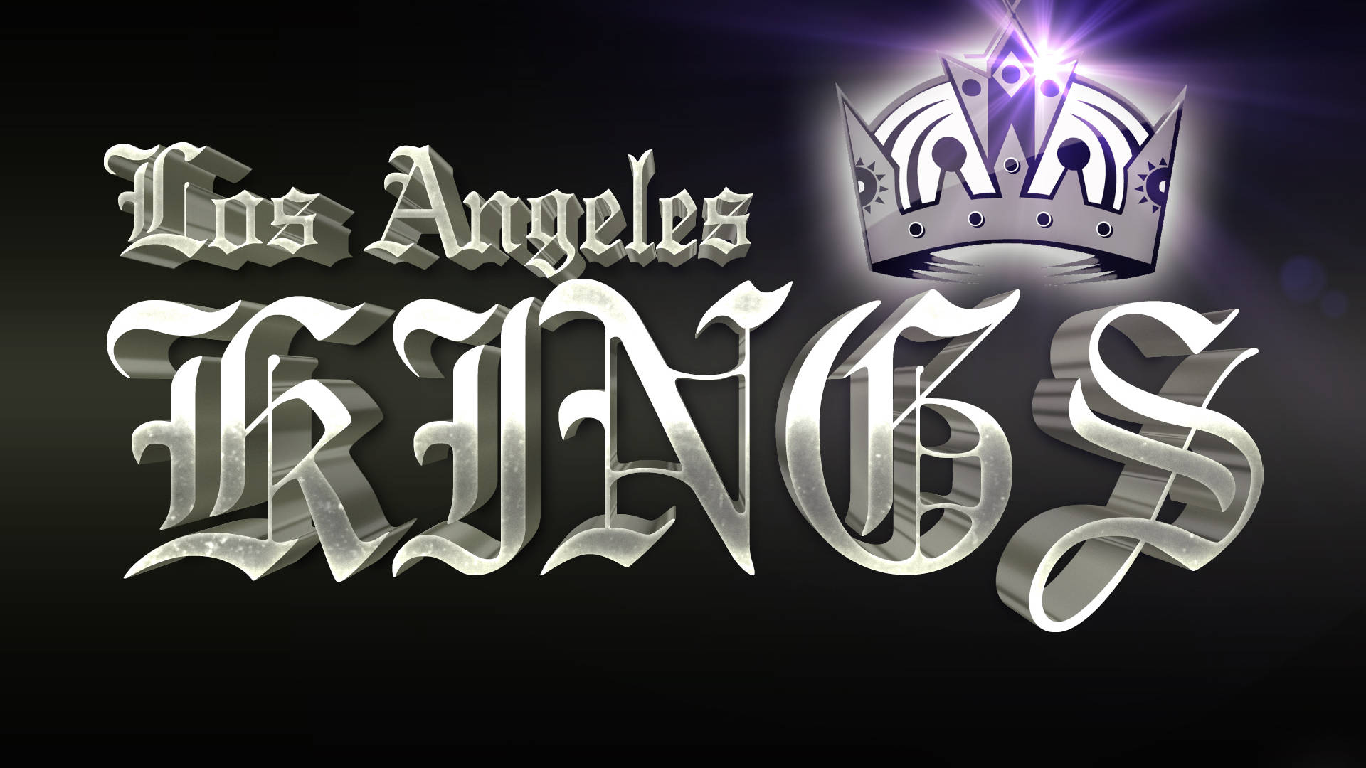 洛杉磯國王隊黑色藝術 壁紙 — 光澤銀色3D文字顯示Los Angeles KINGS，上方有發光皇冠，背景為深色漸變。