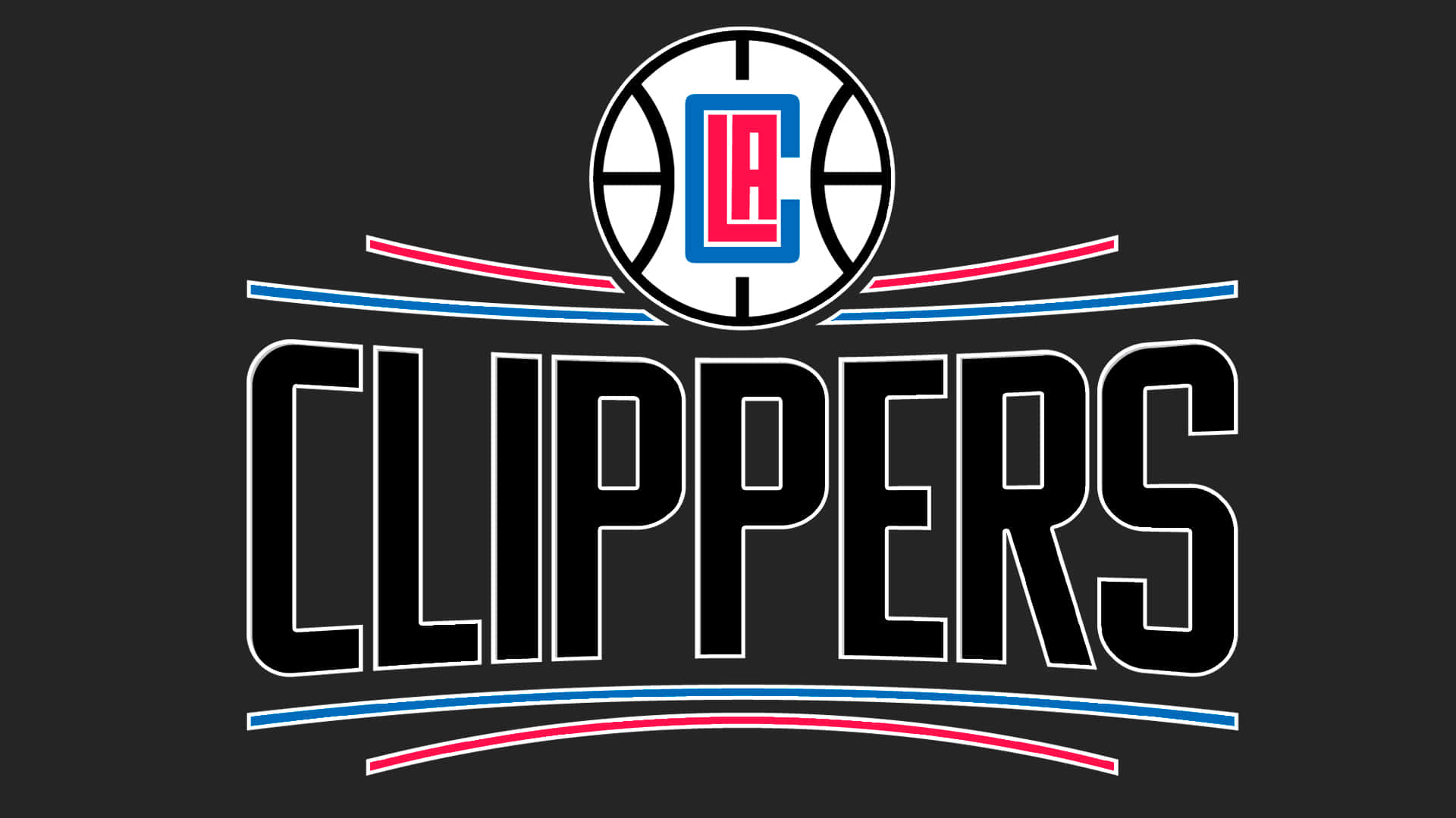 洛杉磯快艇隊充滿活力的隊徽 壁紙 — 大膽的黑白紅藍 LA Clippers 標誌，帶有籃球徽章和風格化文字，置於深色背景上。