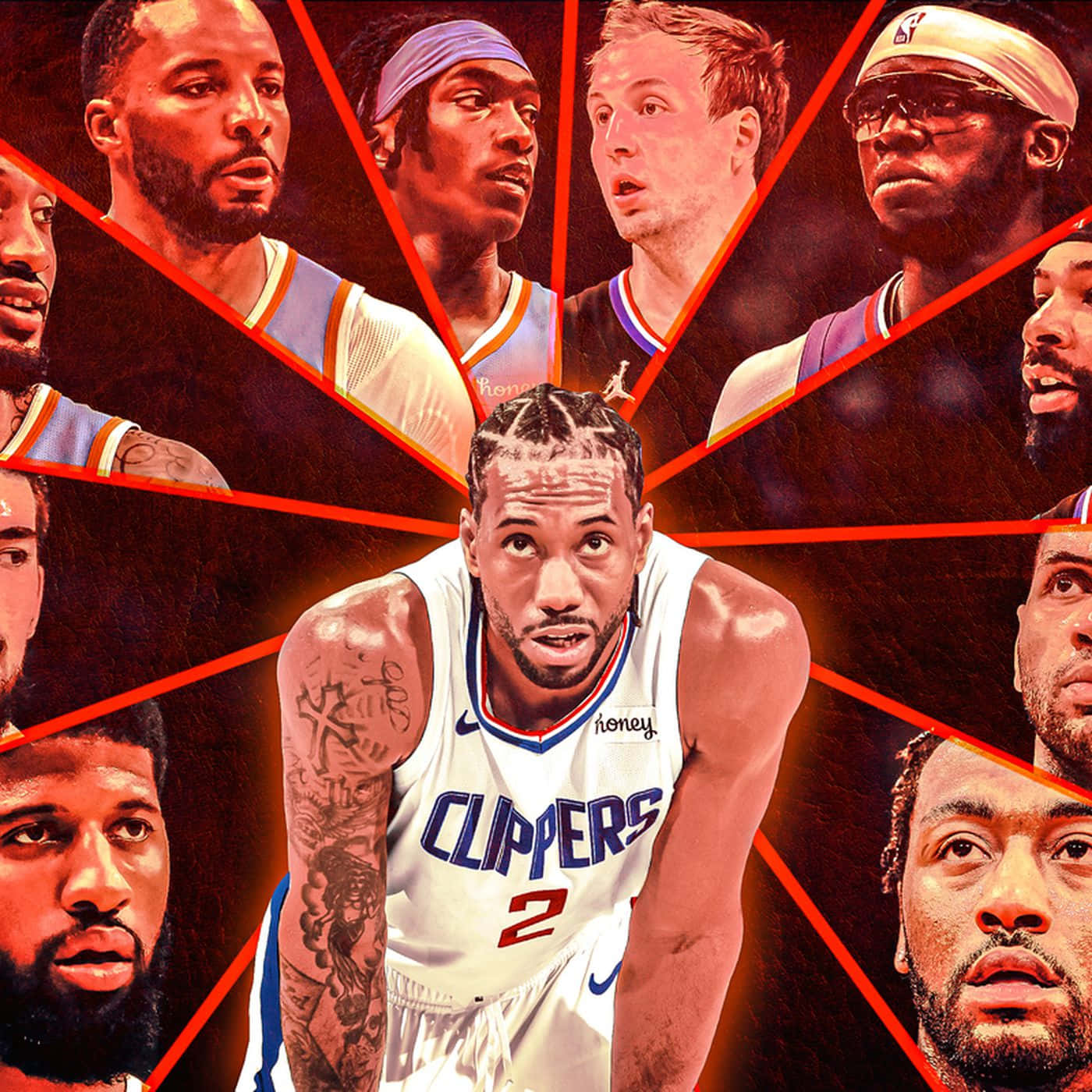 洛杉磯快艇隊球星卡瓦伊·萊昂納德與多位NBA球員 壁紙 — 一個動態的籃球運動員拼貼畫，紅色幾何線條匯聚於中央的快艇隊球員，散發出強烈的氣勢。