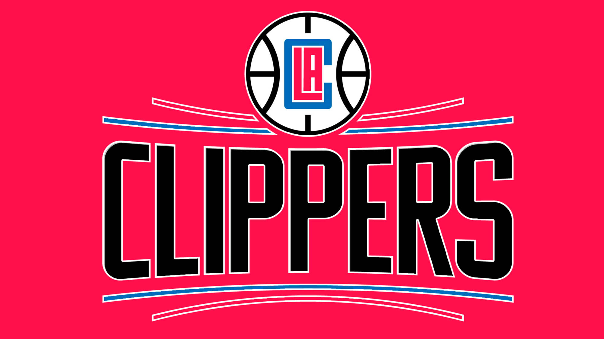 洛杉磯快艇隊霓虹粉紅背景 壁紙 — 大膽的 LA Clippers 標誌，帶有籃球徽章和球隊名稱，以黑色輪廓文字呈現於鮮紅色背景上。