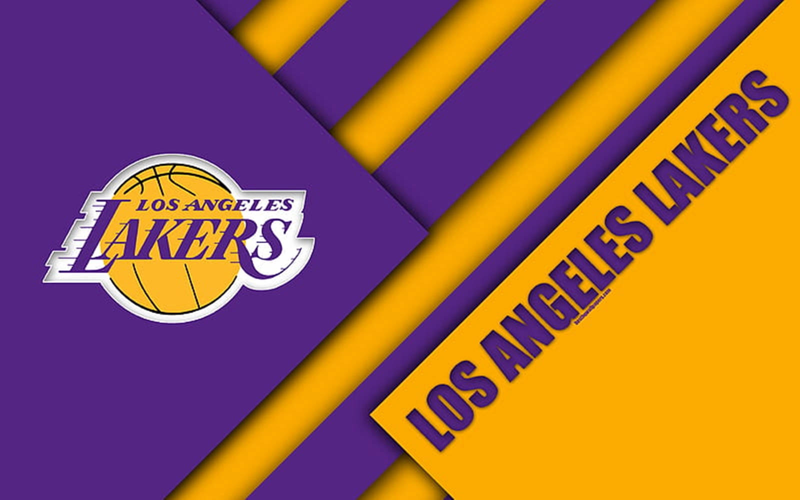 洛杉磯湖人隊NBA球隊標誌 壁紙 — 大膽的紫色和金色對角線條紋框住洛杉磯湖人隊標誌和隊名，採用動態字體設計。