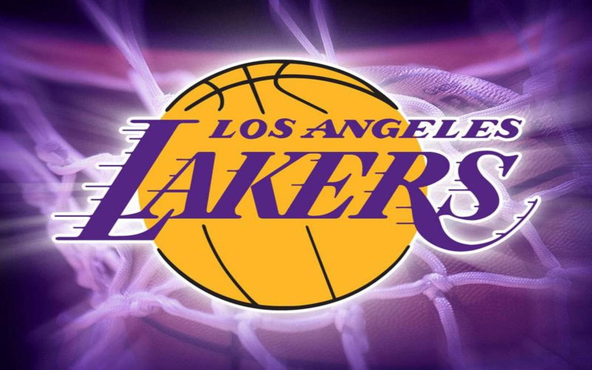 NBA 桌布 壁紙 — 洛杉磯湖人隊標誌在籃球網背景下發出紫色光芒。