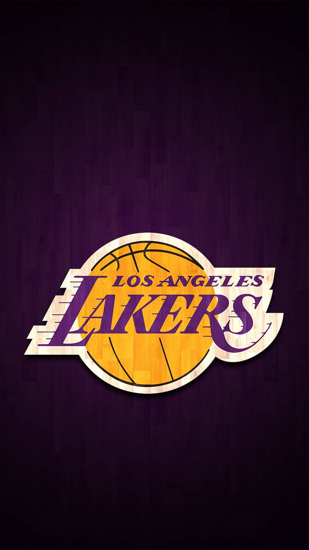 NBA iPhone 桌布 壁紙 — 洛杉磯湖人隊標誌居中在深紫色木地板背景上。