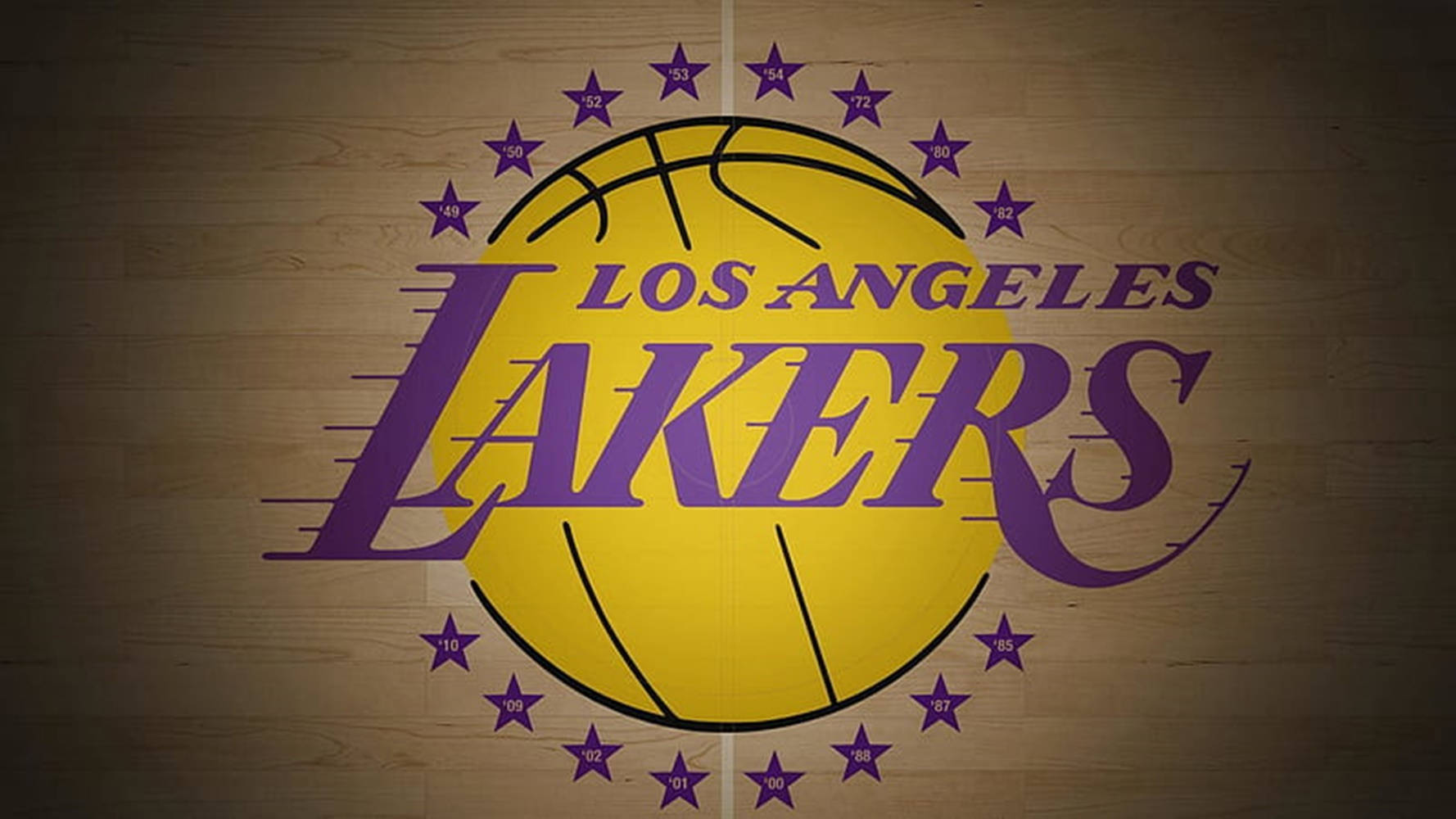 NBA 桌布 壁紙 — 洛杉磯湖人隊標誌置於木製籃球場中央，配有紫色星星和復古燈光。