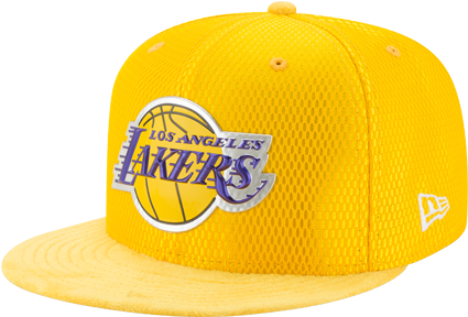 洛杉磯湖人隊黃色棒球帽 壁紙 — 鮮黃色洛杉磯湖人NBA棒球帽，帶有紫色和白色標誌及New Era品牌標籤。