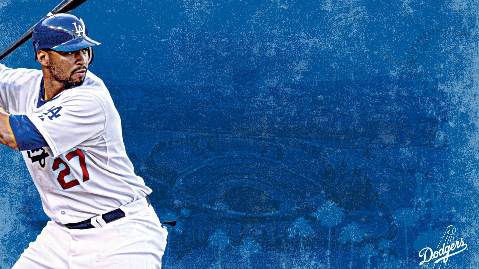 洛杉磯道奇隊 Matt Kemp 壁紙 — 身穿道奇隊球衣的棒球選手，在帶有紋理的藍色背景上揮棒，背景隱約有球場輪廓。