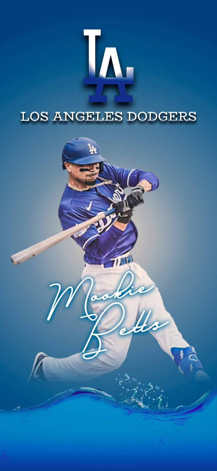洛杉磯道奇隊莫基·貝茨 壁紙 — 棒球手 Mookie Betts 身穿道奇隊制服，在漸變藍色背景及水花效果中揮棒。