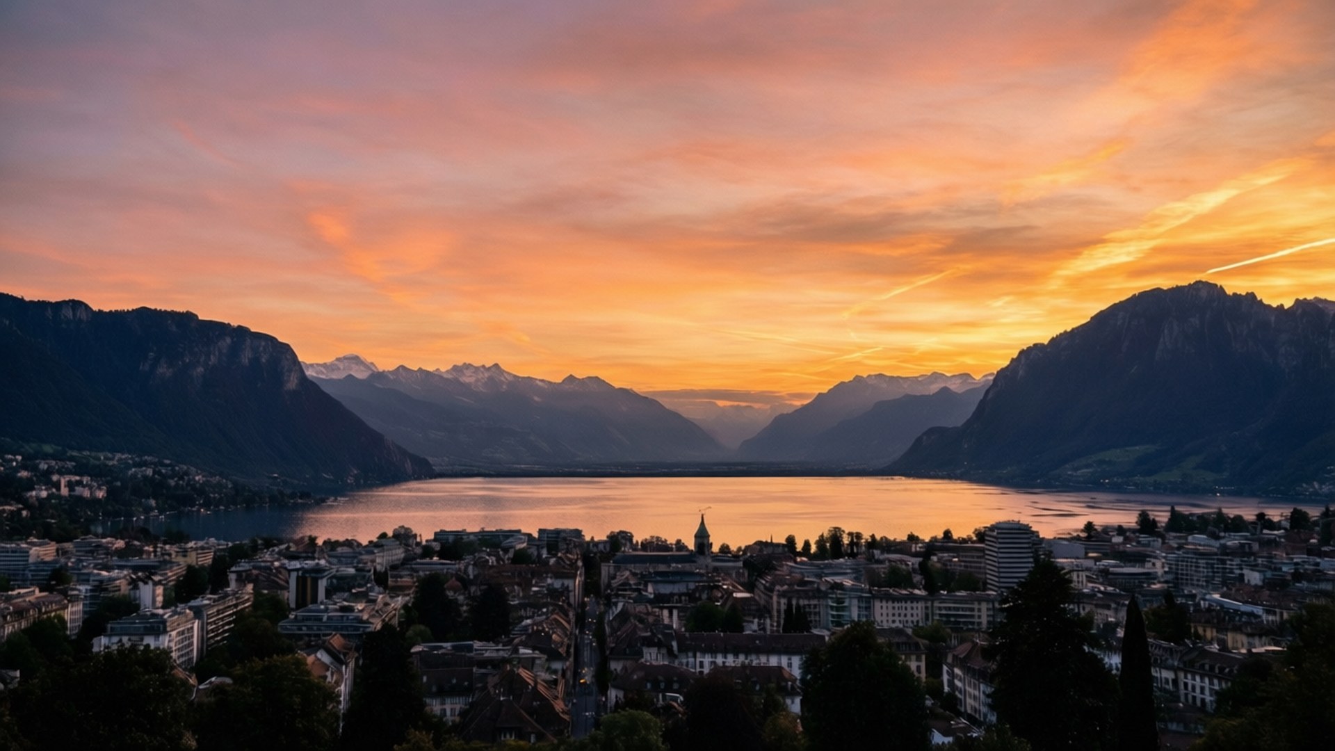 洛桑夕照全景 壁紙 — 一個小鎮坐落在湖邊，夕陽西下，背景是山脈，天空呈現火熱的橙色和粉紅色。