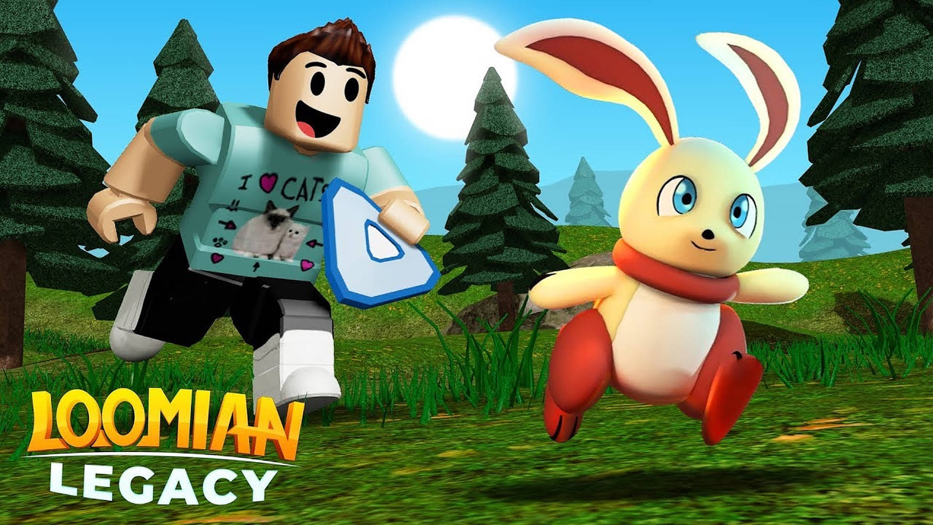 一個 Roblox 角色和一隻兔子在陽光明媚的森林中奔跑。