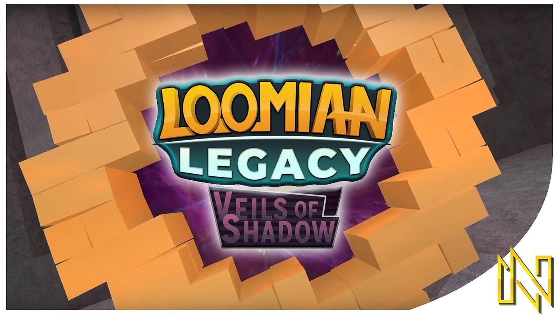 遊戲標題Loomian Legacy Veils of Shadow突破橙色方塊，帶有紫色光芒。
