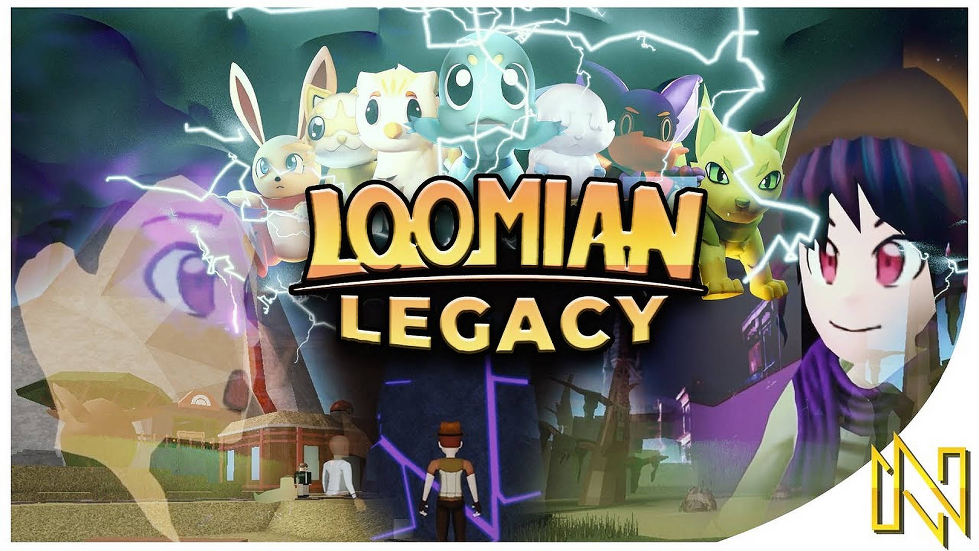 Loomian Legacy的動漫風格遊戲海報，帶有閃電和角色。