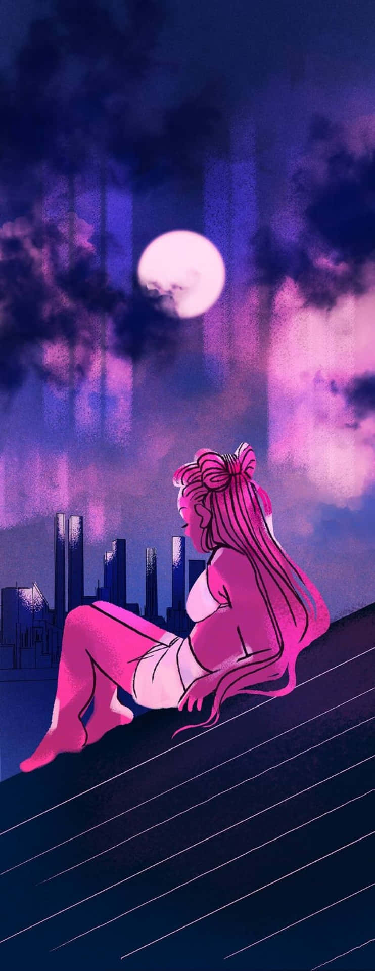 粉紅色頭髮的女性坐在屋頂上，在紫色天空中的發光月亮下