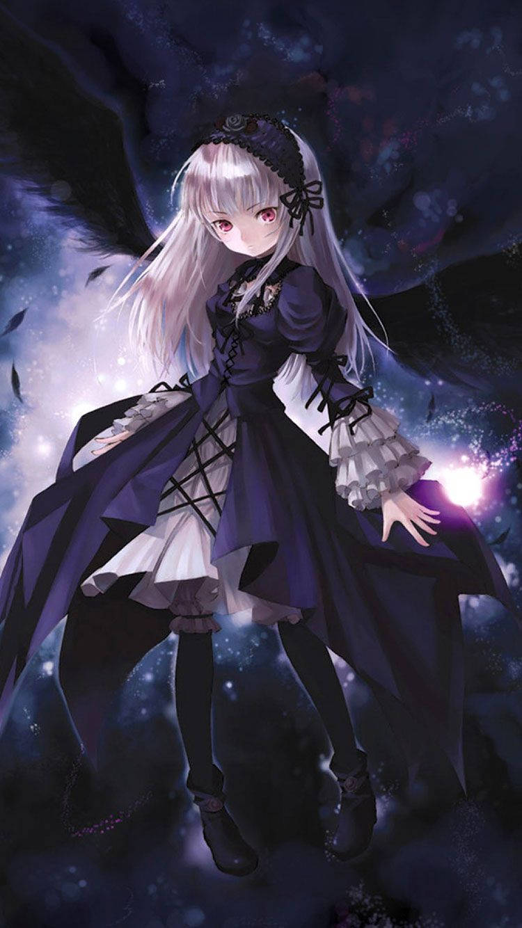 淺色頭髮和深色連衣裙的動漫女孩，在繁星宇宙空間中漂浮，帶有發光的翅膀。