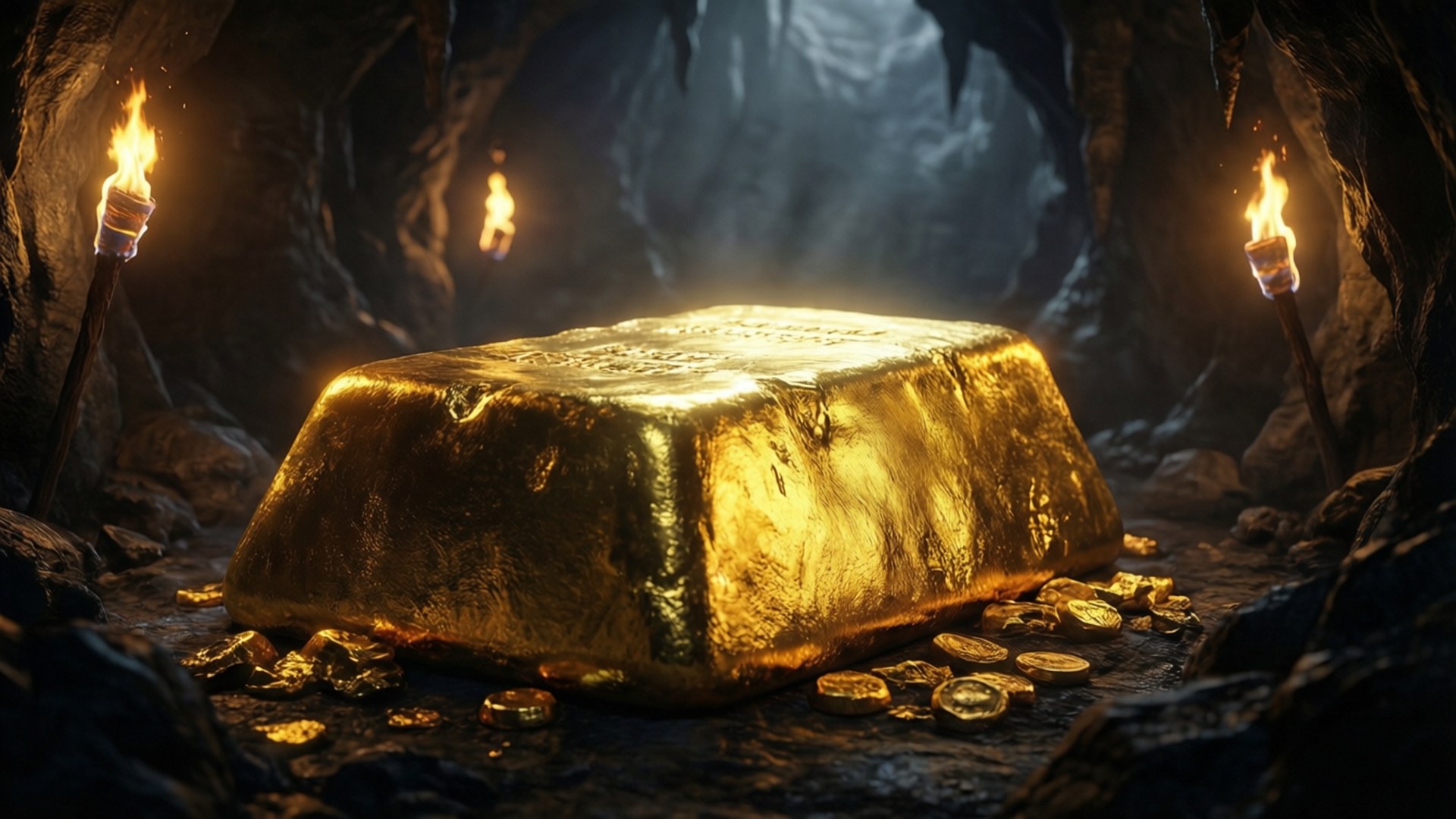 洞穴中閃耀的黃金 壁紙 — 一塊巨大的閃亮金條放在一個黑暗的洞穴中，被搖曳的火把照亮，周圍散落著金幣。