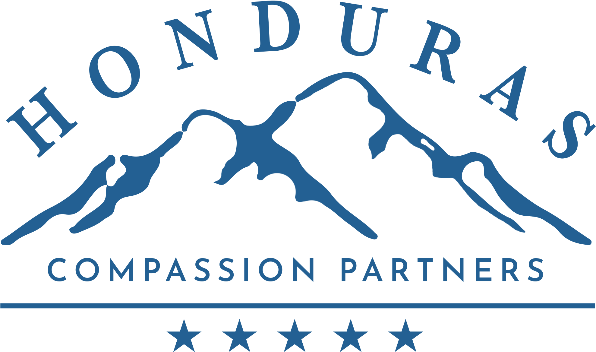 洪都拉斯憐憫夥伴標誌 壁紙 — 藍色洪都拉斯 Compassion Partners 標誌，帶有山脈輪廓和五顆星，背景為黑色。