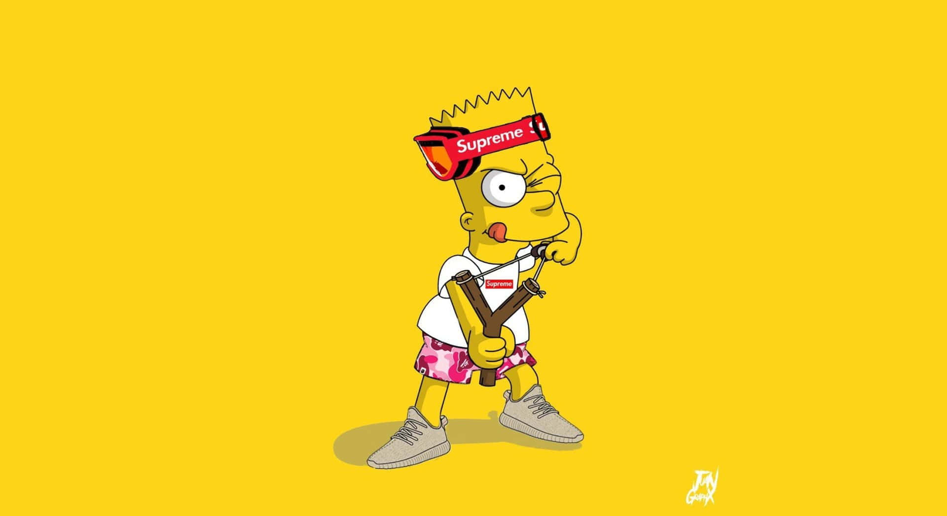 Bart Simpson 穿著 Supreme 衣服並拿著滑板。