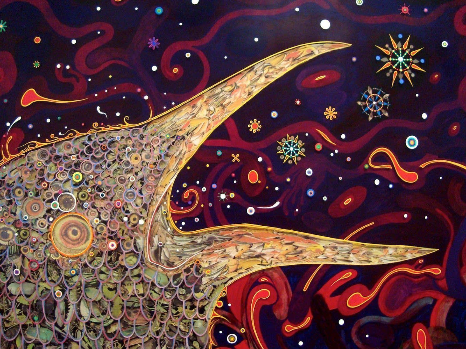活出嬉皮精神 壁紙 — 一條帶有圖案鱗片的超現實金色魚在紅色、藍色和發光星星的宇宙漩渦中游動。
