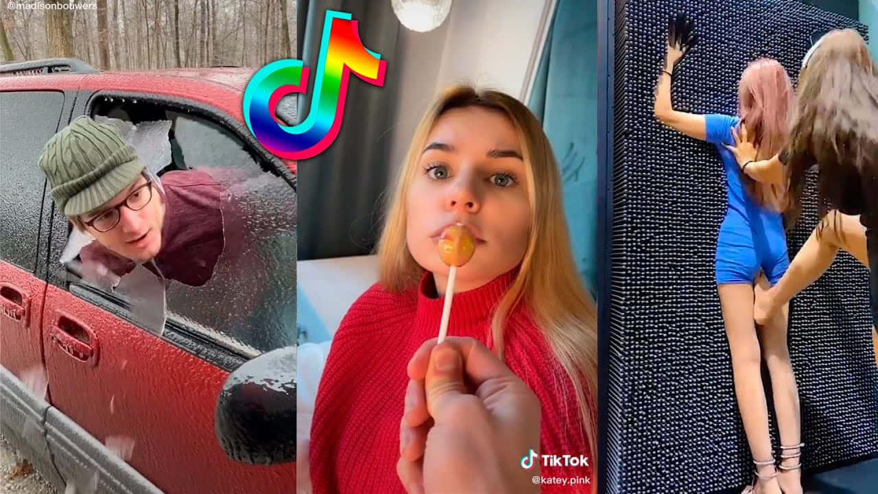 活出我最好的人生！ 壁紙 — 三個TikTok片段嘅拼貼：一個戴冷帽嘅男人喺雪嘅車窗偷睇，一個著紅色毛衣嘅女人食緊波板糖，兩個女人喺有紋理嘅牆上擺甫士。