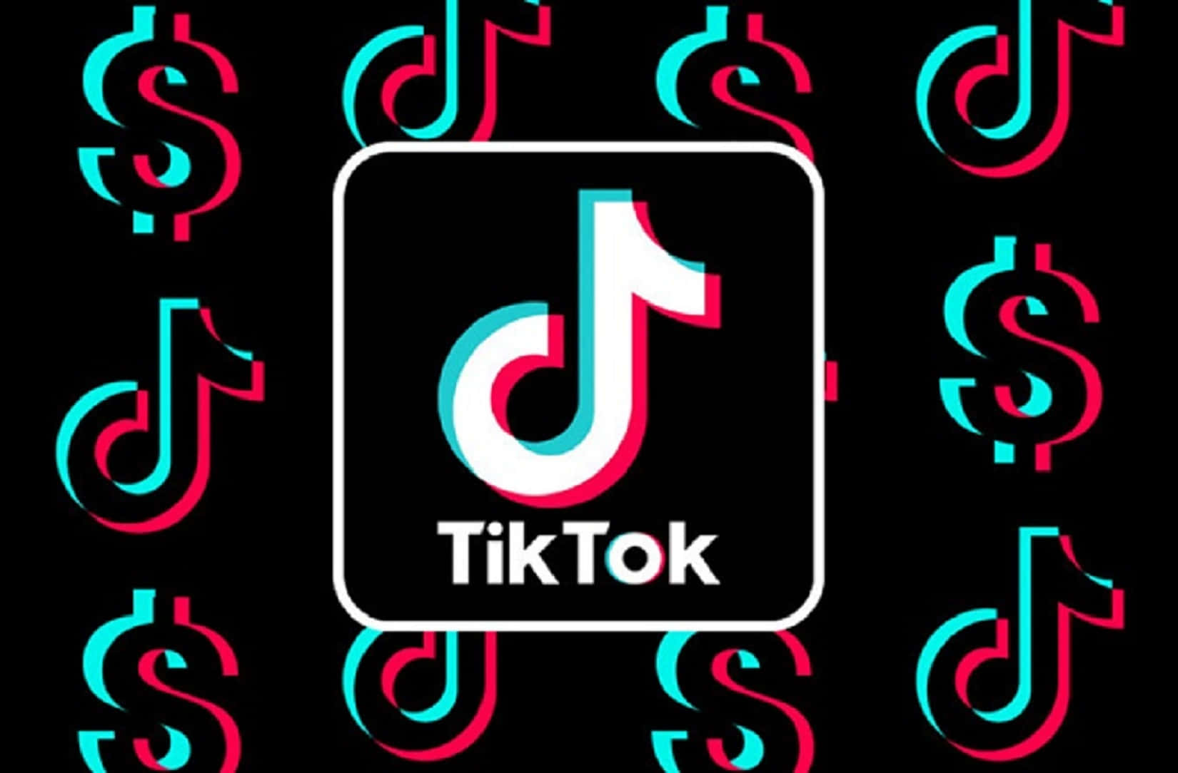 活出最鮮明的人生 壁紙 — TikTok 標誌居中於黑色背景上，周圍重複出現紅色和青色的美元符號。