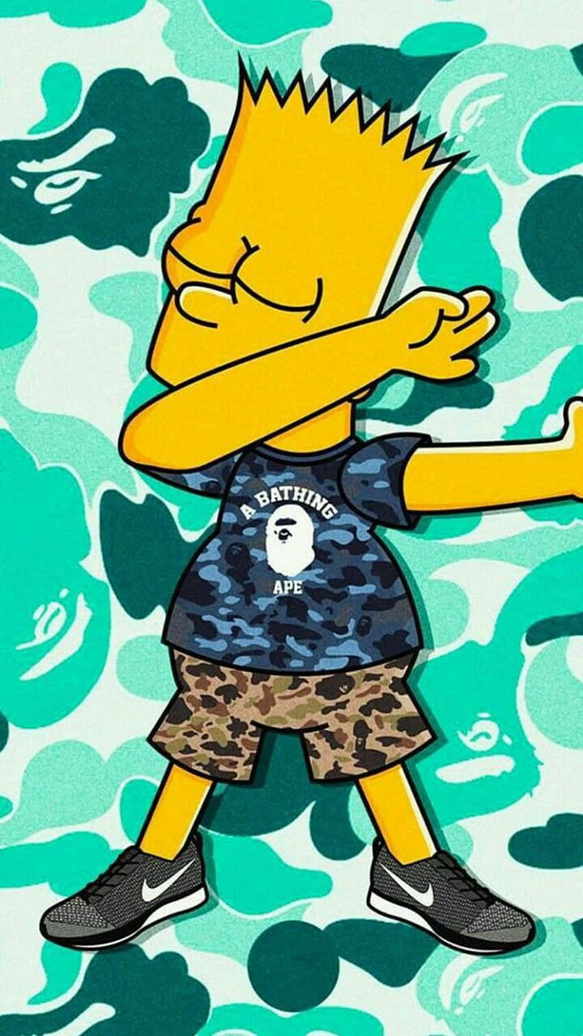 Bart Simpson 身穿迷彩服，在綠色迷彩背景前 dab。