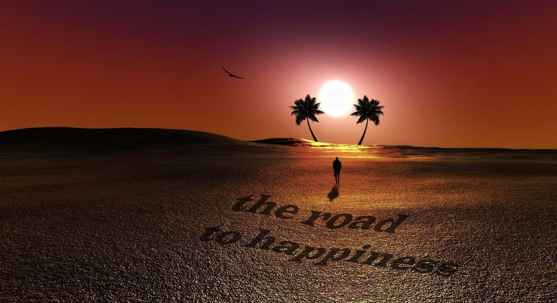 活出真快樂 壁紙 — 一個孤獨的身影在燦爛的夕陽天空下走向兩棵棕櫚樹，沙灘上寫著「the road to happiness」。