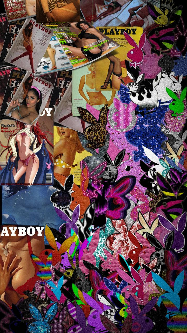 一個由《Playboy》雜誌封面和兔子標誌組成的鮮豔拼貼畫。
