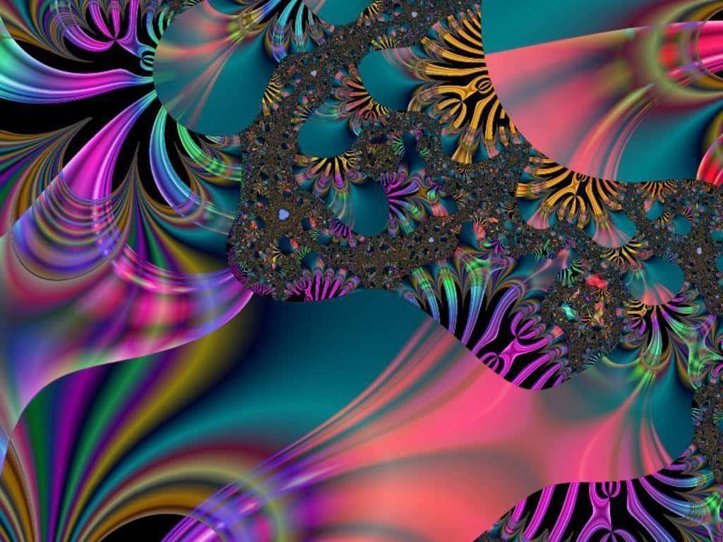 活出自由，讓自由之聲響徹 壁紙 — 充滿活力的漩渦狀分形圖案，以霓虹粉紅、藍綠色和金色在深色背景上流動。