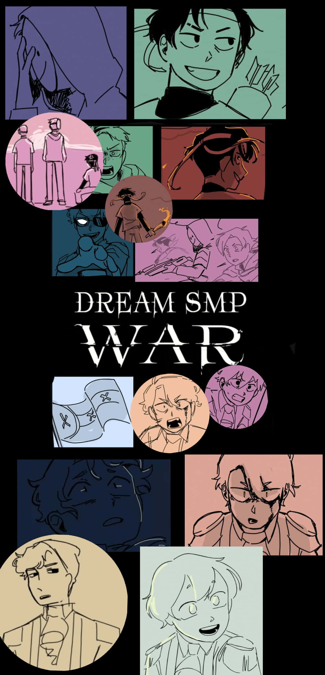 活出色彩——Dream SMP 壁紙 — 以柔和粉彩色調的動漫風格角色肖像拼貼，圍繞粗體文字「DREAM SMP WAR」排列。