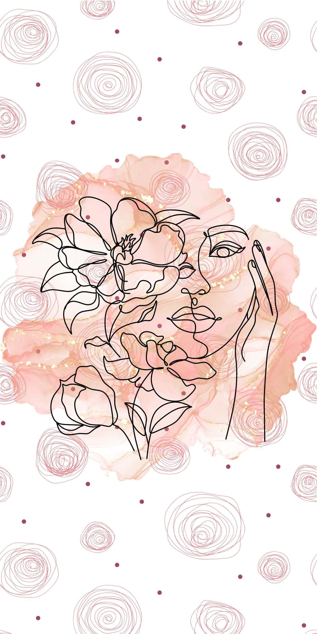 活出酷態度 壁紙 — 一幅精緻的線條藝術肖像，描繪女性臉龐與盛開的玫瑰融合，背景為柔和的粉彩水彩。