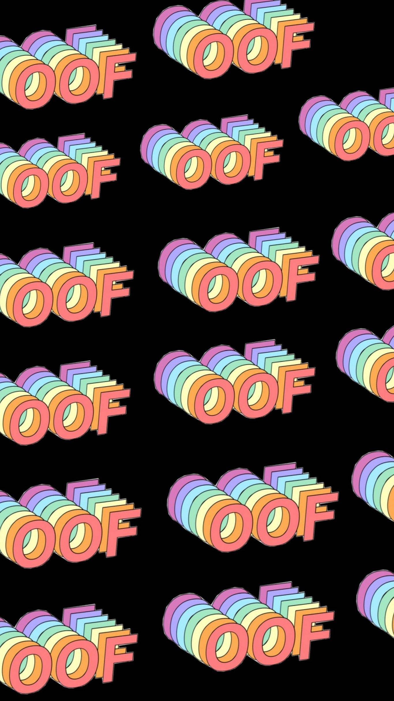 活出野性，透過藝術表達自我 壁紙 — 鮮豔的彩虹色「OOF」文字以3D風格在黑色背景上重複。