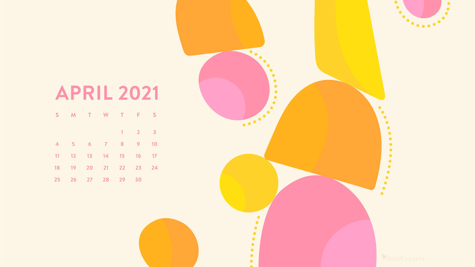 2021年4月月曆，帶有彩色抽象形狀。