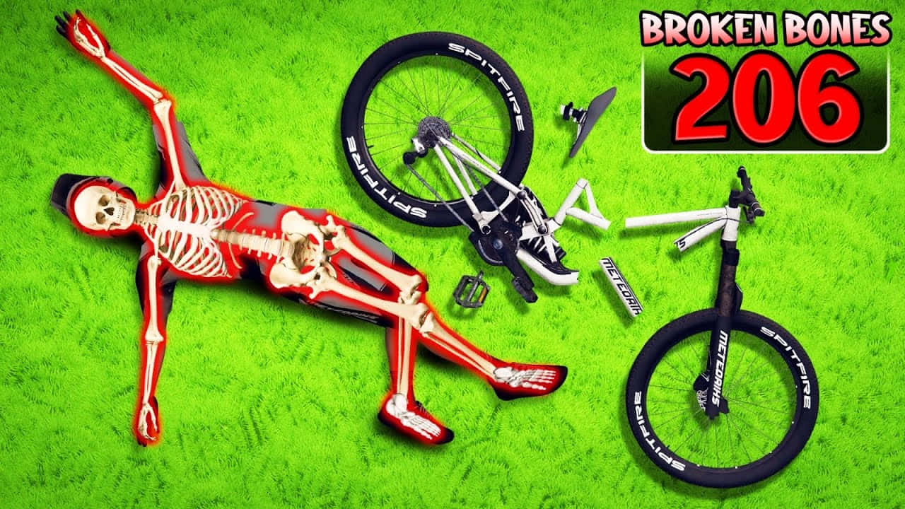 紅色骷髏在綠色草地上，旁邊是破碎的單車，上面有「Broken Bones 206」字樣。