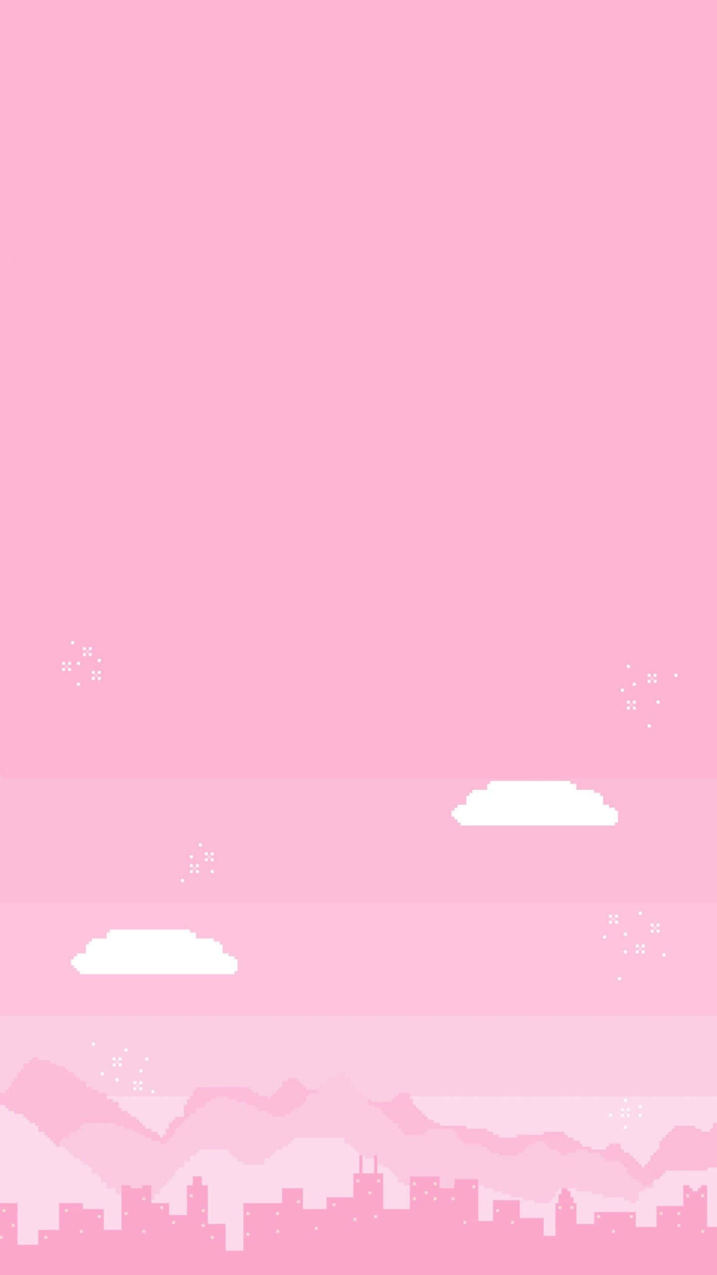 活力冷粉背景 壁紙 — 極簡粉紅天空，白雲和下方像素化的山城景觀。