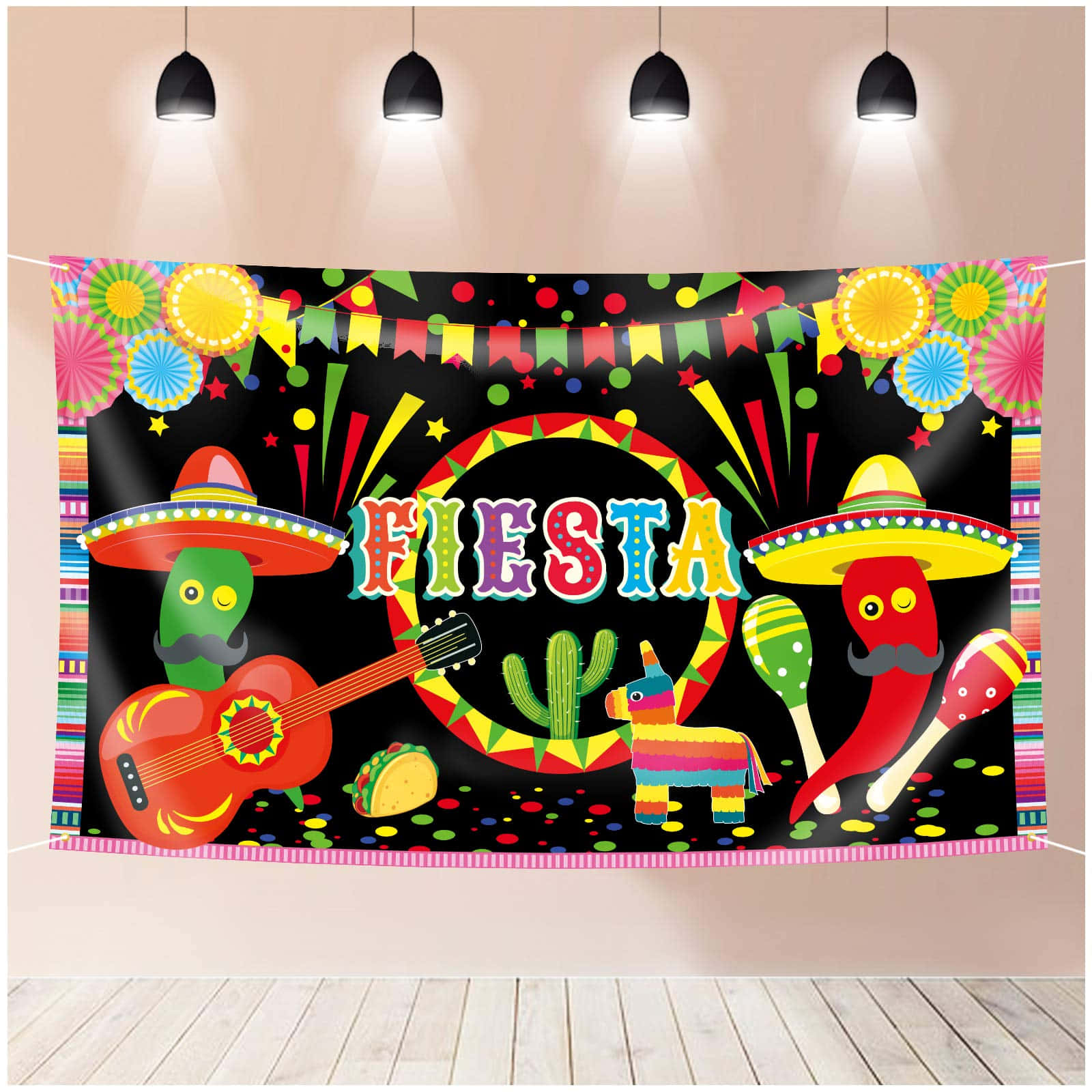 活力四射 Cinco de Mayo 節慶背景 壁紙 — 充滿活力的節日主題背景，黑色背景上有戴著墨西哥闊邊帽的卡通辣椒彈結他和沙槌，並有色彩繽紛的裝飾。
