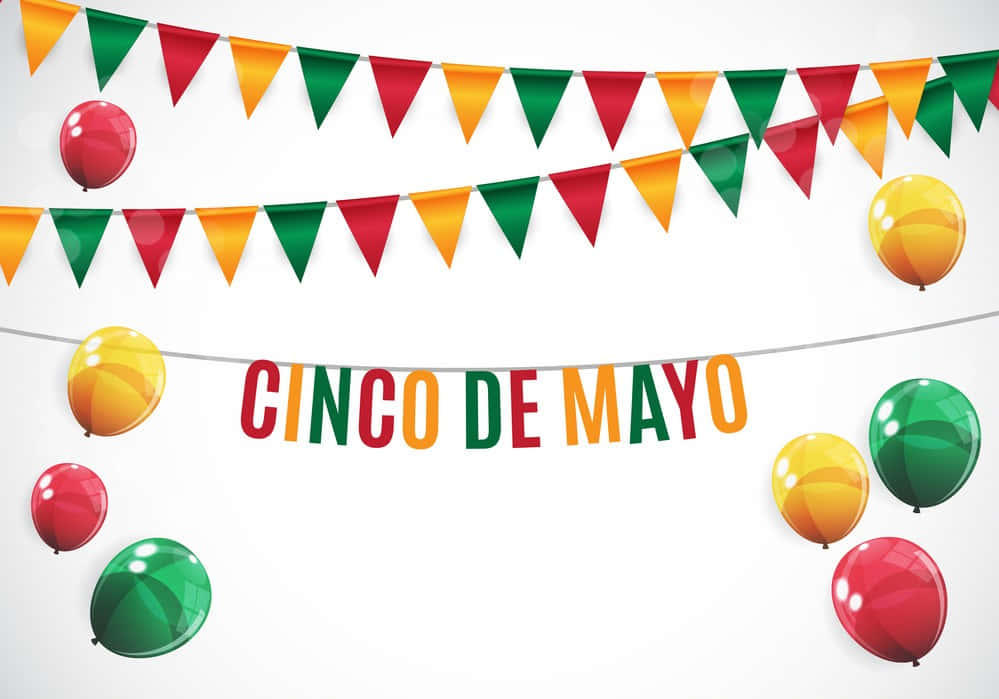 活力四射 Cinco de Mayo 節慶背景 壁紙 — 充滿活力的 Cinco de Mayo 橫幅，紅色、綠色和黃色的旗幟和氣球，背景為純白色。