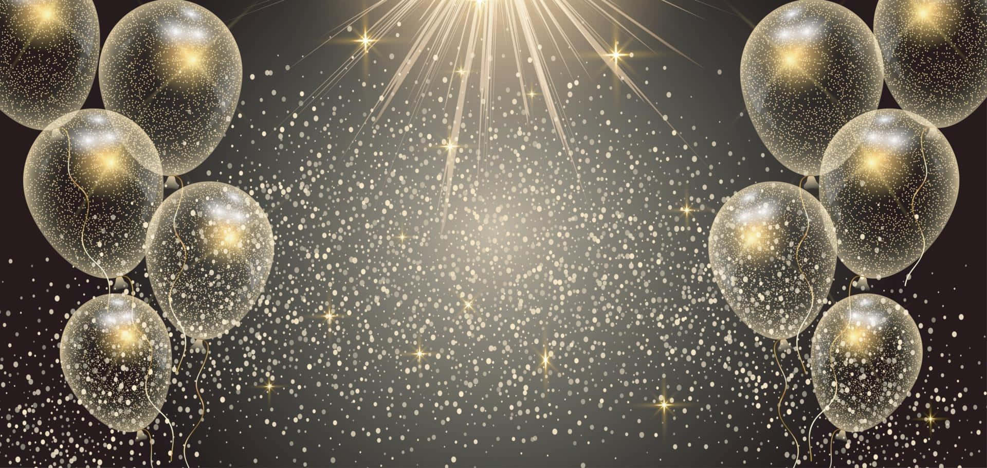 金色閃粉氣球漂浮，伴隨著閃亮粒子和星爆。
